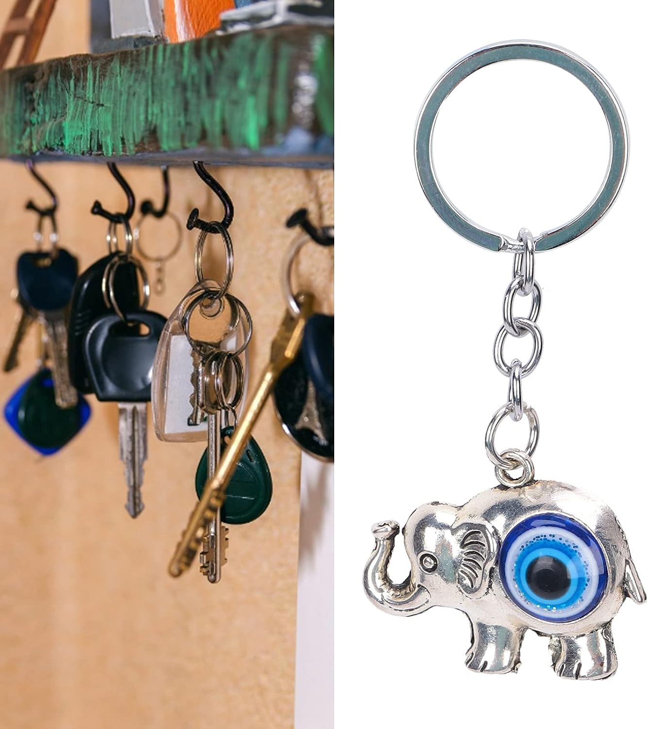 Blue Evil Eye Keychain, Key Ring, Good Pendant Elephant Charm, Sign of and Blessing, Hanging Ornament for Car/Backpack/Handbag/Purse