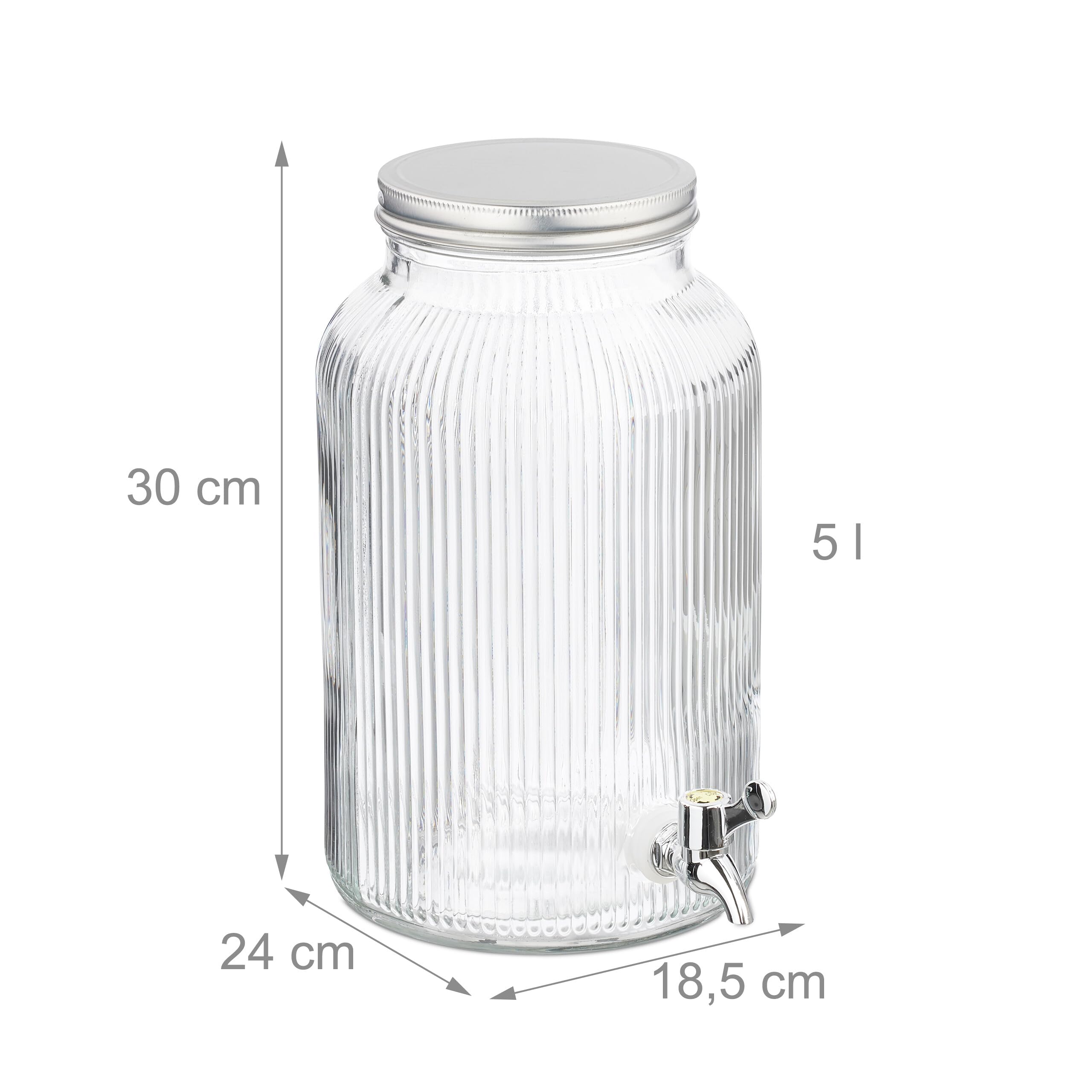 Relaxdays Distributeur de Boisson, 5 l, avec Robinet et Couvercle, Design décoratif, pour Votre Limonade, Transparent