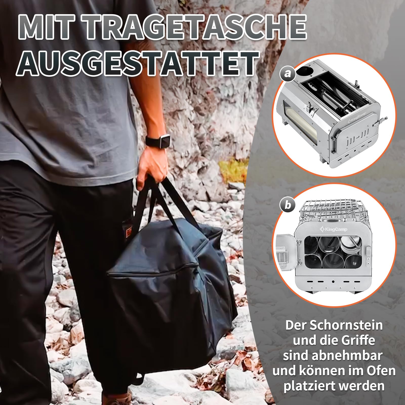KingCamp Zeltofen,Tragbarer Edelstahl Camping Holzofen mit Hitzeschutzmatte | Mit Sichtscheibe, faltbarem Gestell & Grillfunktion, Rauchrohren, Aschekasten und Handschuhen für Zelt, Outdoor und Garten