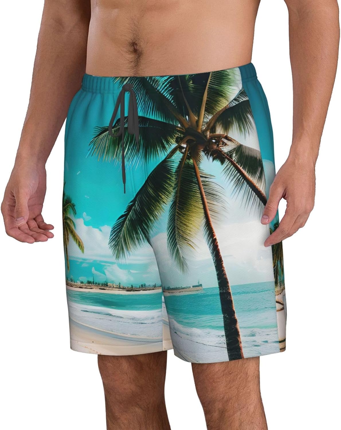 Mens Beach Palm Trees Print Beach Shorts,Casual Summer Shorts for Men,Quick Dry Polyester
