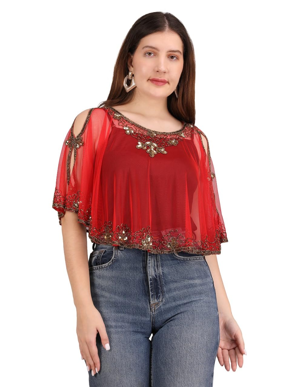 Women’s Red Embellished Poncho Top | Sheer Net Cape Style Blouse with Gold Sequin Work | Party, Festive & Evening.-picture-43