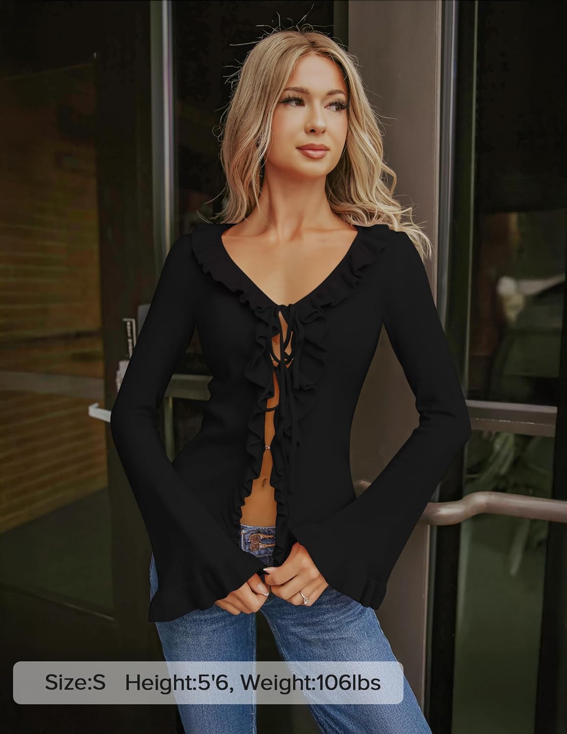 ZESICA Womens 2026 Fall Tie Front Bow Cardigan Sweaters Long Bell Sleeve V Neck Ruffled Knit Cropped Trendy Tops - Image 6