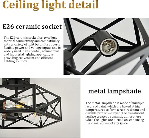 Miniatura 8 de Moderna lámpara de techo negra de granja, lámpara de techo industrial semiempotrada, accesorios de iluminación hexagonales para cocina, dormitorio,