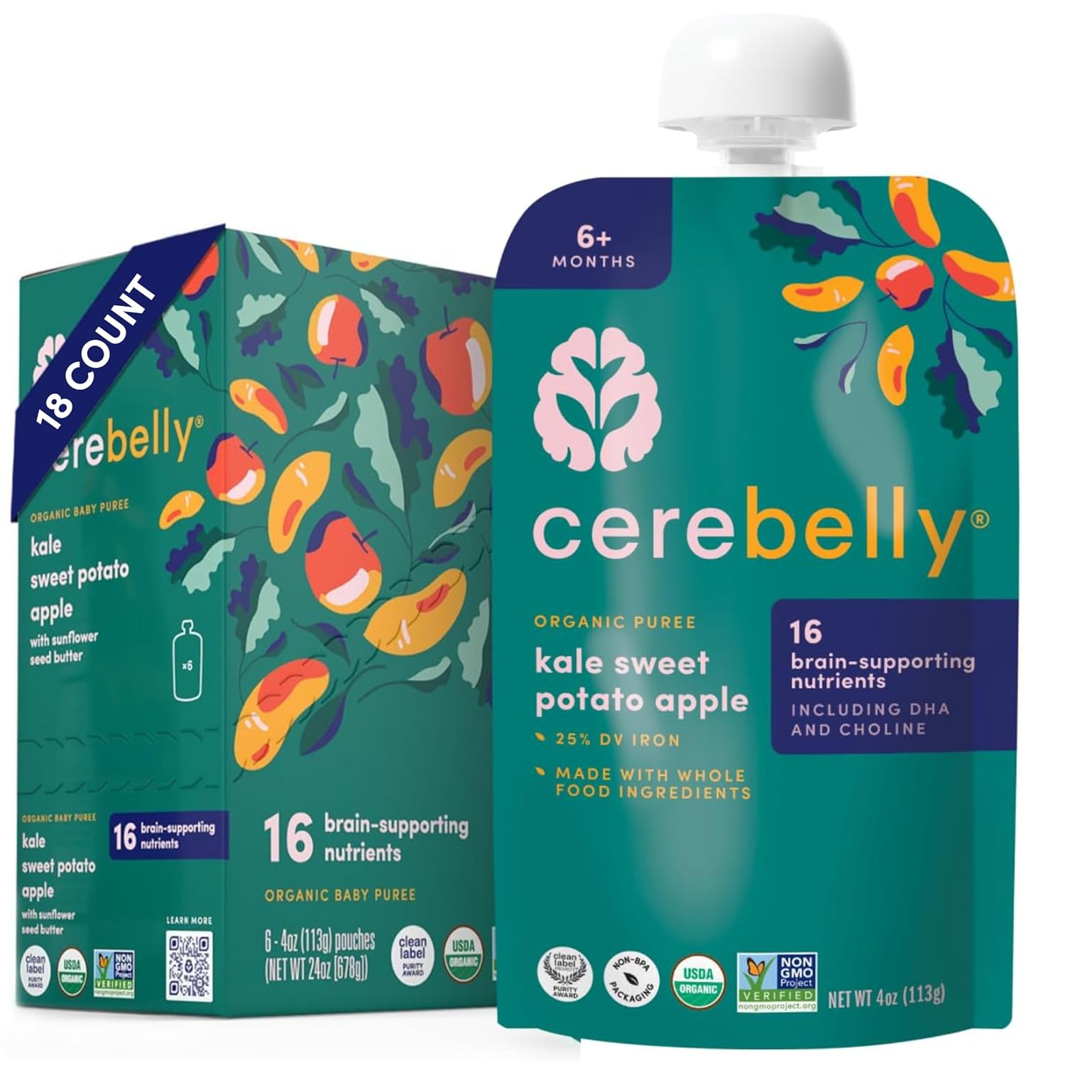 Cerebelly Organic Baby Food Pouches, Kale Sweet Potato Apple Purees, 16 Nutrients, No Added Sugar, Fiber & Non-GMO, 4oz, 18 Pack