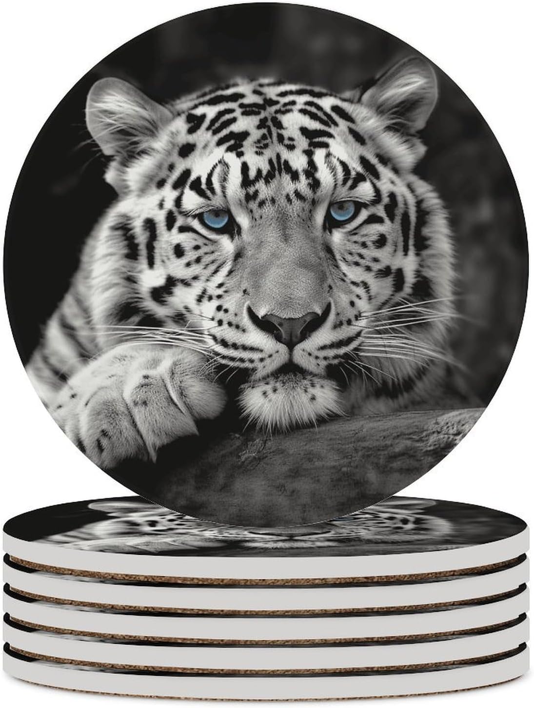 6PCS Black and White Tiger Coasters Non-Slip Round Drink Coasters with Ceramic Stone and Cork Base, Heat Resistant Absorbent 33.00Stone Coaster Set for Kinds of Mugs and Cups, 4 Inch