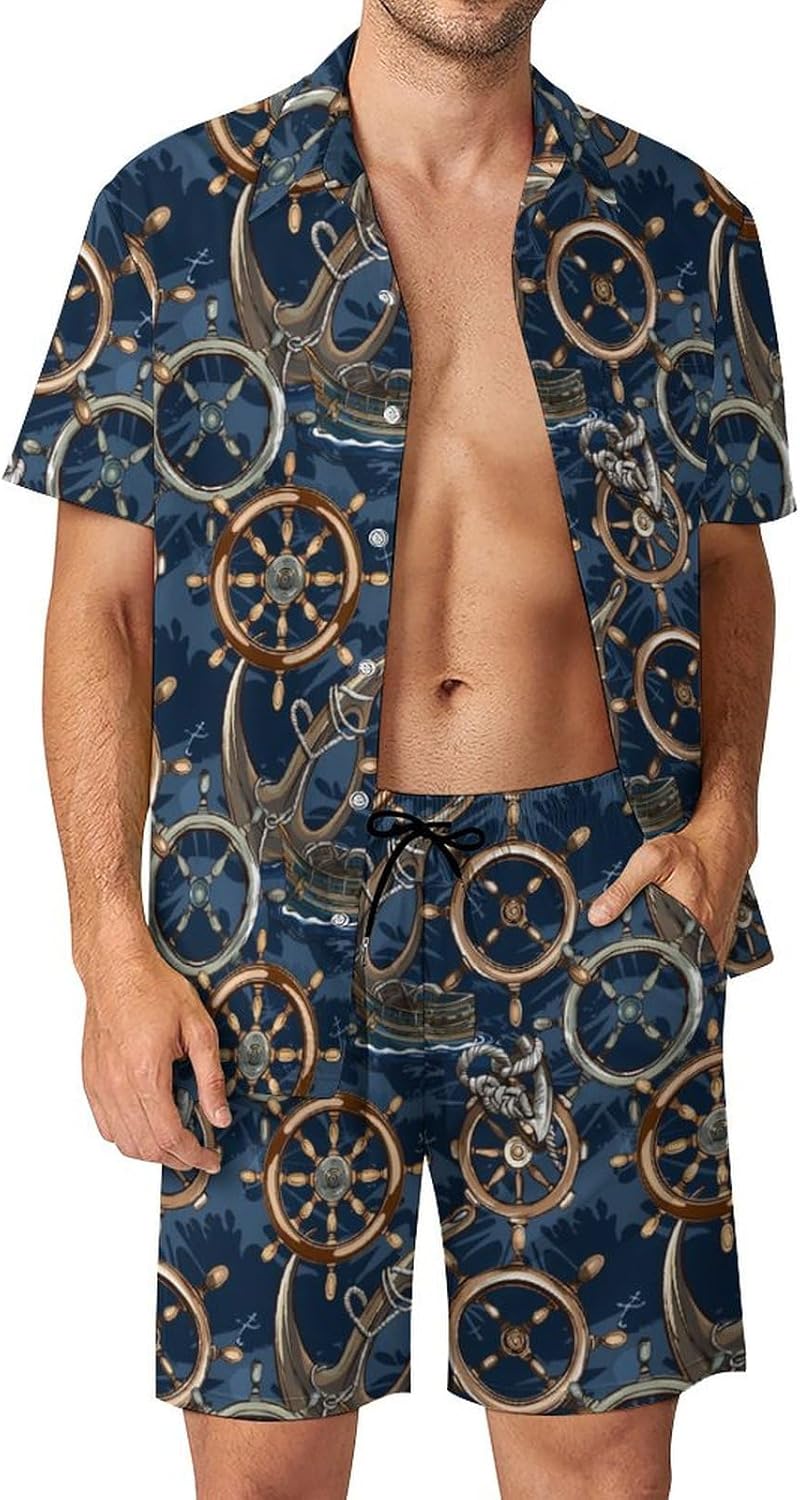 Ship Helm And Anchors-Theme Men's Summer Beach Outfits Shirt And Shorts Set 2 Piece Vacation Swimwear