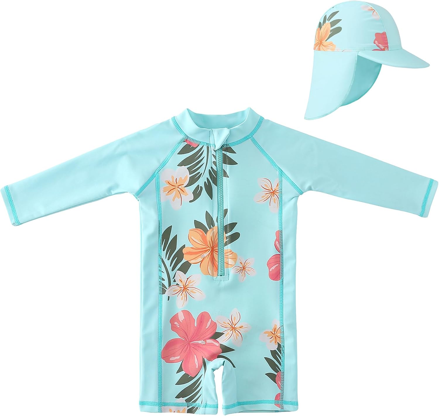Baby Girl Beach Swimwear Long Sleeve Rashguard UPF 50+ -Sun Protective Sunsuit with Hat