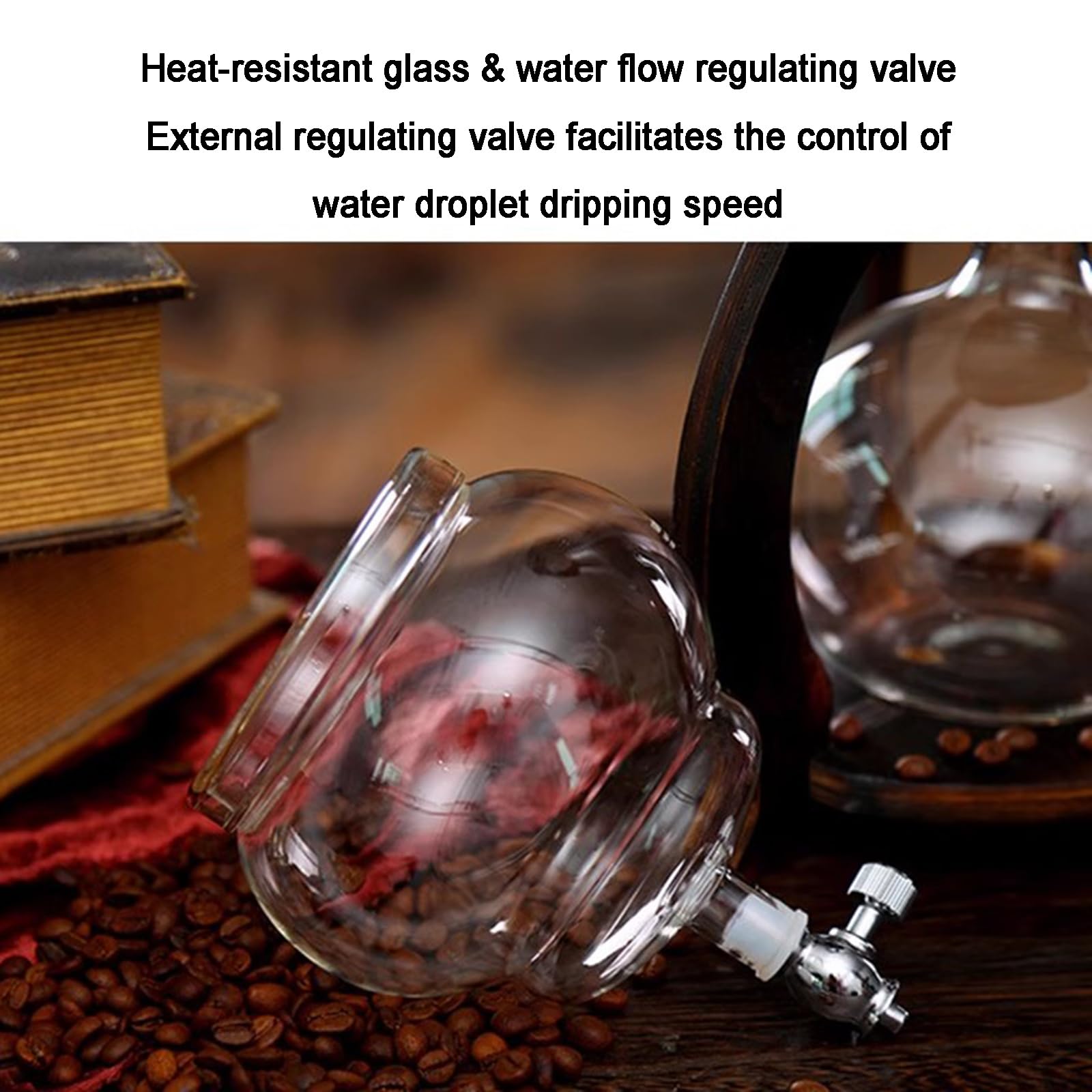 Cold Brew Kaffeeturm, Eisfilterkaffeemaschine Mit Doppelventil – Slow Drip-Technologie, Holzständer, Großes Fassungsvermögen 600 Ml, Für Das Homeoffice