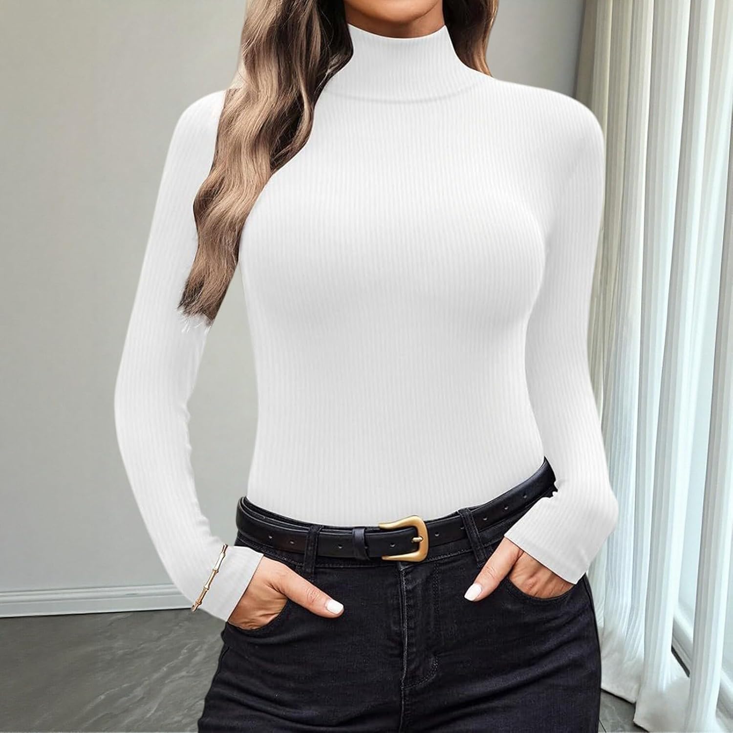 Women Turtleneck Shirt Long Sleeve Layer Tops Basic Ribbed Tees Soft Stretch Thermal Undershirts Lightweight Blouse
