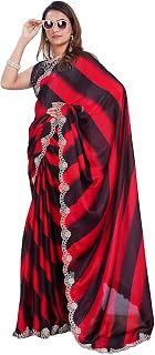 PEEYU Red & Black Lines Satin Chiffon Saree with Zarkan Stone Work – Lightweight, Elegant Party, Wedding &, Premium Eco-Fr... Price In India