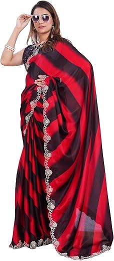 PEEYU Red &amp; Black Lines Satin Chiffon Saree with Zarkan Stone Work – Lightweight, Elegant Party, Wedding &amp;, Premium Eco-Fr...