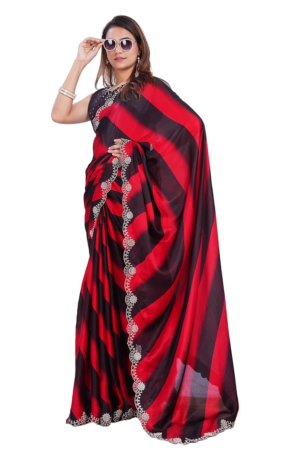 PEEYU Red & Black Lines Satin Chiffon Saree with Zarkan Stone Work – Lightweight, Elegant Party, Wedding &, Premium Eco-Fr... - Review, Price and Buying Guide