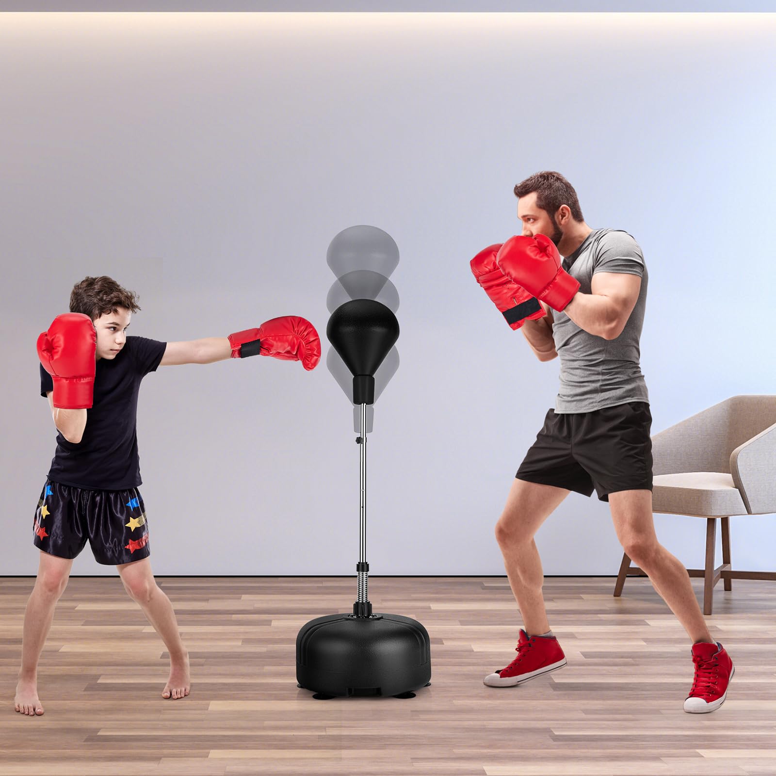 KOMFOTTEU Worek bokserski z regulacją wysokości 140-158 cm, Punchingball z rękawicami bokserskimi, stojąca piłka bokserska z nadziewaną podstawą dla dzieci i dorosłych
