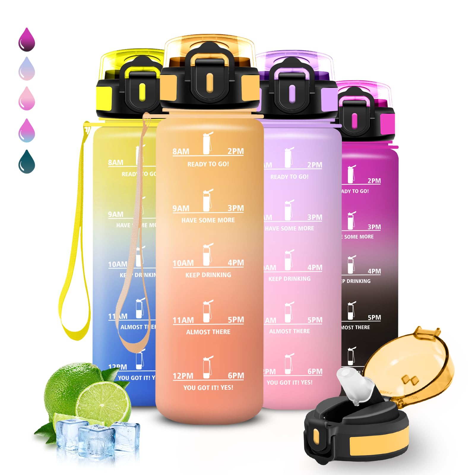 Trinkflasche 1l, Trinkflasche Sport, Wasserflasche mit Strohhalm, Leicht zu Reinigen, Wasserflasche Auslaufsicher, mit Motivierenden Slogans, Flasche Motivation, Flasche für Wandern, Fitness, Camping