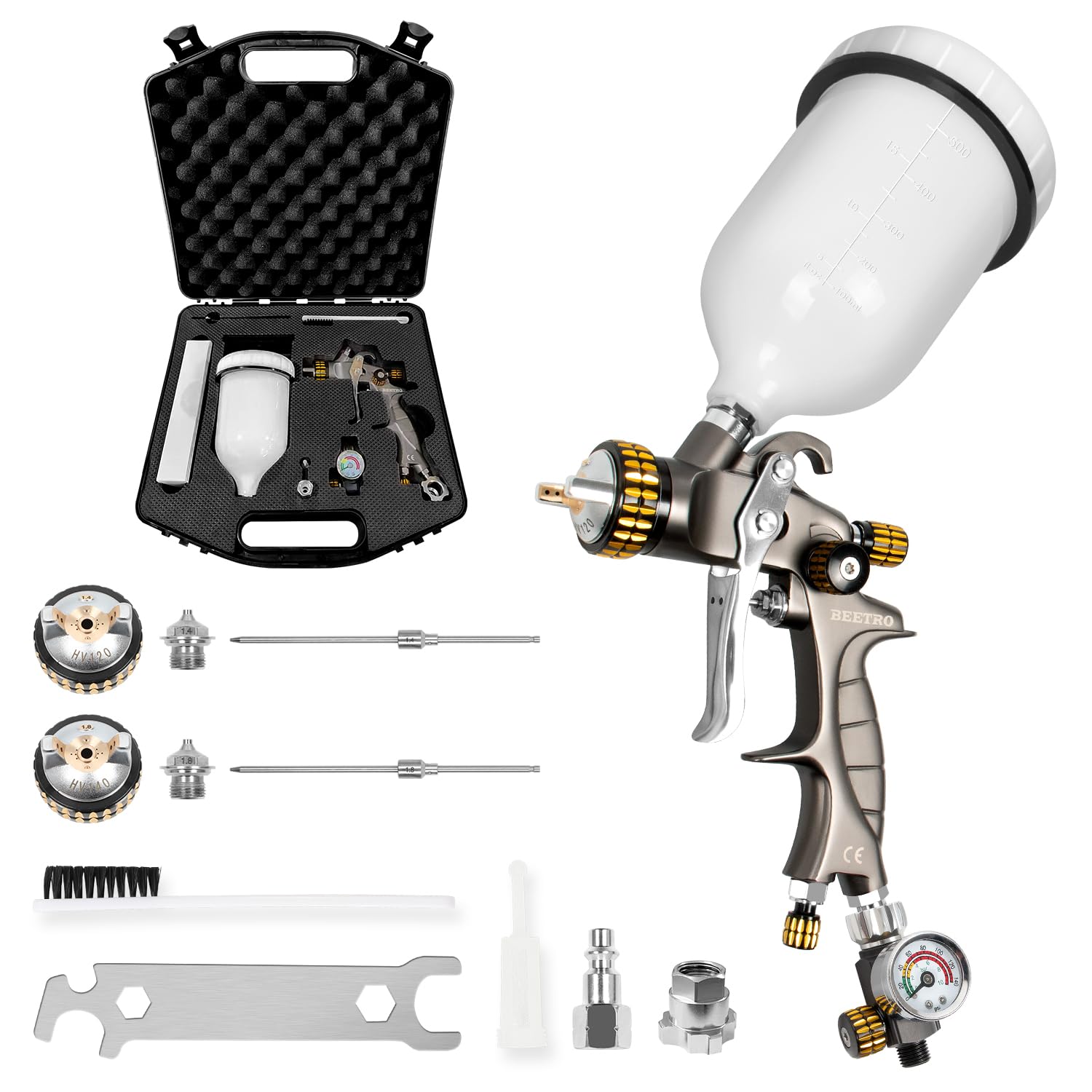 BEETRO HVLP Pistola de pulverización de aire con caja de almacenamiento, capacidad de 1000 ml, 14.3 CFM, 29-32 psi, boquillas de acero inoxidable de 1.4/1.8 mm, con adaptador tipo 2, pulverizador