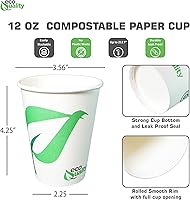 Vista 3 de Vasos de papel compostables de 12 onzas, tazas de café de papel blanco biodegradables desechables con forro de ácido poliláctico (PLA), tazas