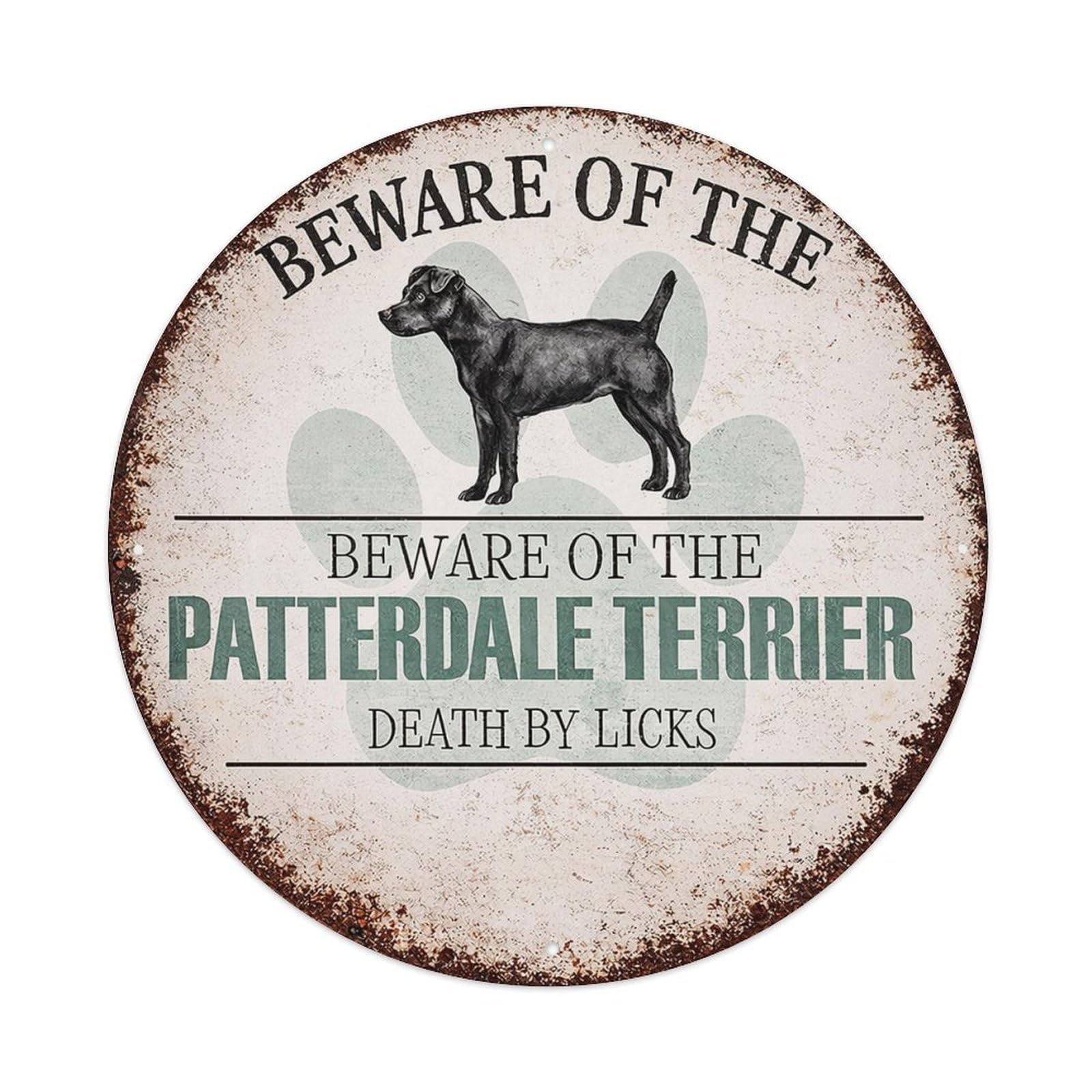 Beware Of The Patterdale Terrier Death By Licks Tin Sign Metal Poster Vintage Metal Signs for Home Man Cave Bar Cafe Kitchen laundry room Wall Decorations Gift 8x8Inch