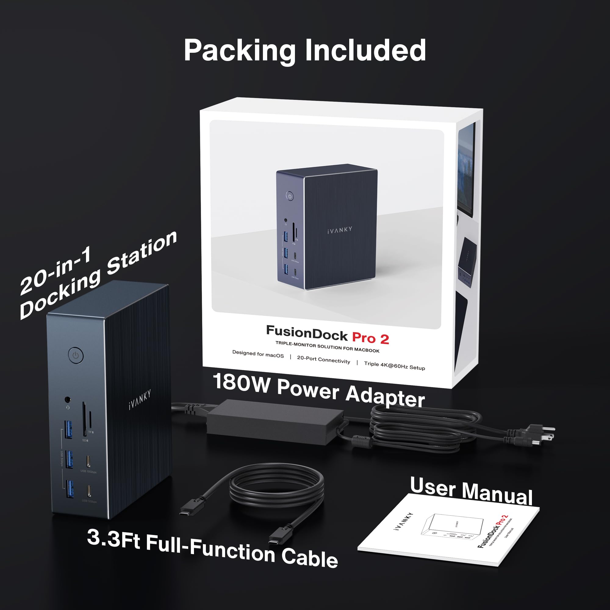 iVANKY 20-in-1 FusionDock Pro 2 DisplayLink Docking Station for MacBook Pro/Air with 180W Power Adapter, Triple 4K@60Hz Monitor Display Dock for M1/M2/M3/M4 Mac mini Air, 2.5GbE, 3*HDMI, 2*DP, 10Gbps