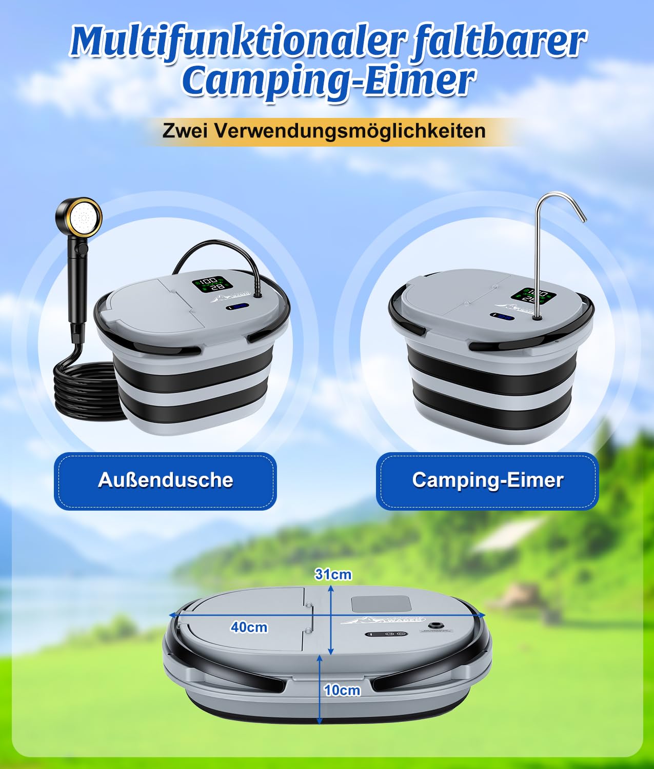 WADEO 2026 Campingdusche mit integrierter Pumpe 13000 mAh faltbarer Wassereimer 5 Geschwindigkeitsstufen 4 Strahlarten