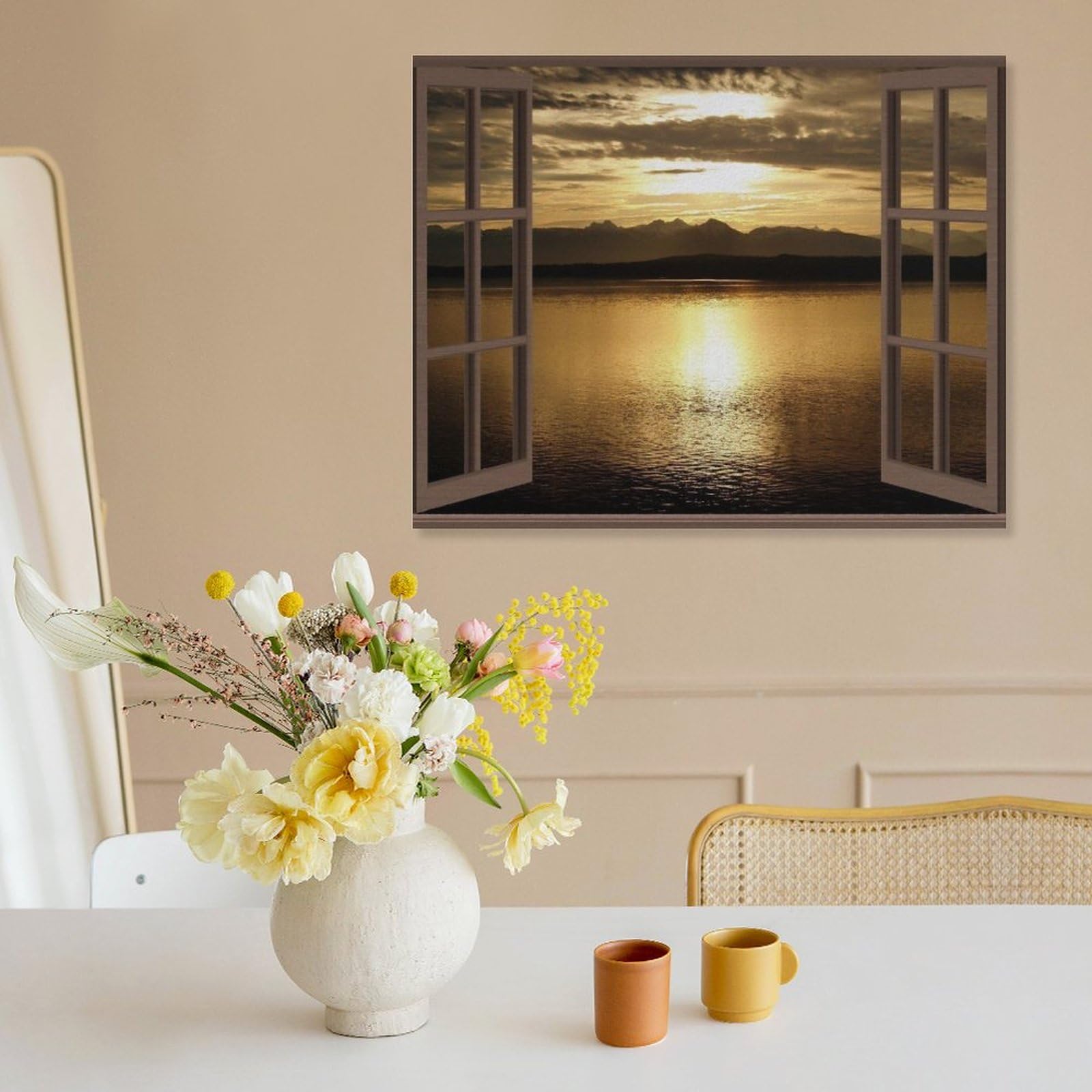 Amazon.co.jp: 絵画 窓の外の湖の夕日インテリア 絵画 キラキラ輝く湖