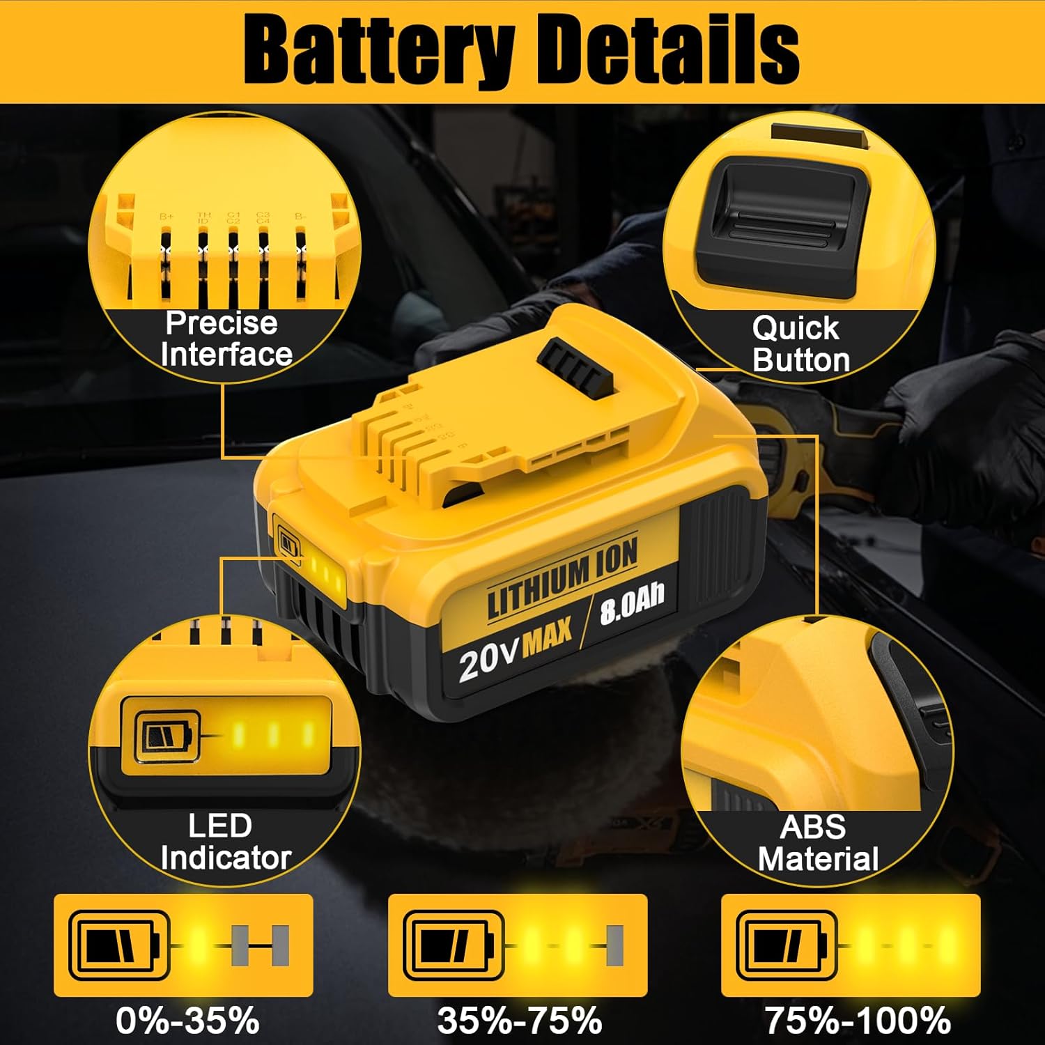 2-Pack 8.0Ah Replacement for Dewalt 20V Max Battery, Compatible with 20 Volt Batteries Cordless Power Tools DCB206 DCB201 DCB203 DCB205 DCB204 DCB207, Lithium Ion Battery, LED Indicator - Image 3