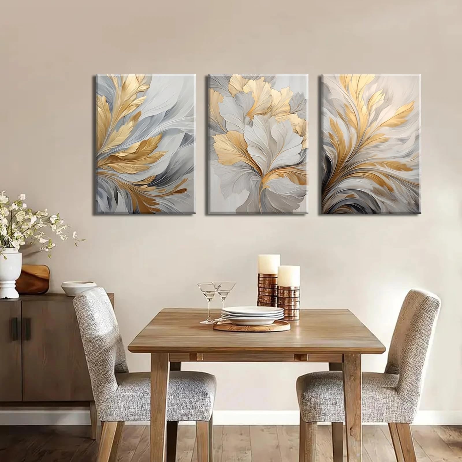 awtrhfc Modern Abstract Golden White Leaves Canvas Wall Art Neutral Botanical for Living Room Home Decor(70x90cm(26x35in) x3/No frame)