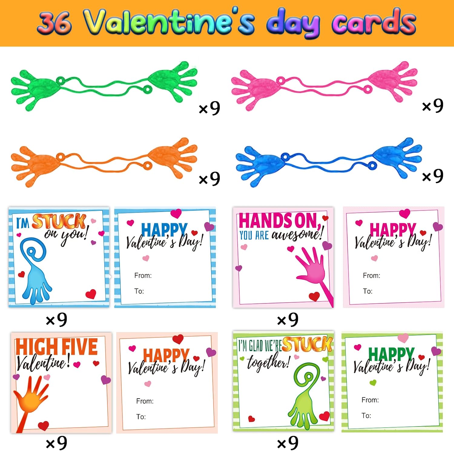 gisgfim 36 Packs Valentines Day Card with Sticky Slap Hands, Slappy Hands Sticky Funny Slap Hands Valentine Classroom Exchange Gifts Cards for Kids Student Stretchy Fingers for Valentine's Party Favor image 3