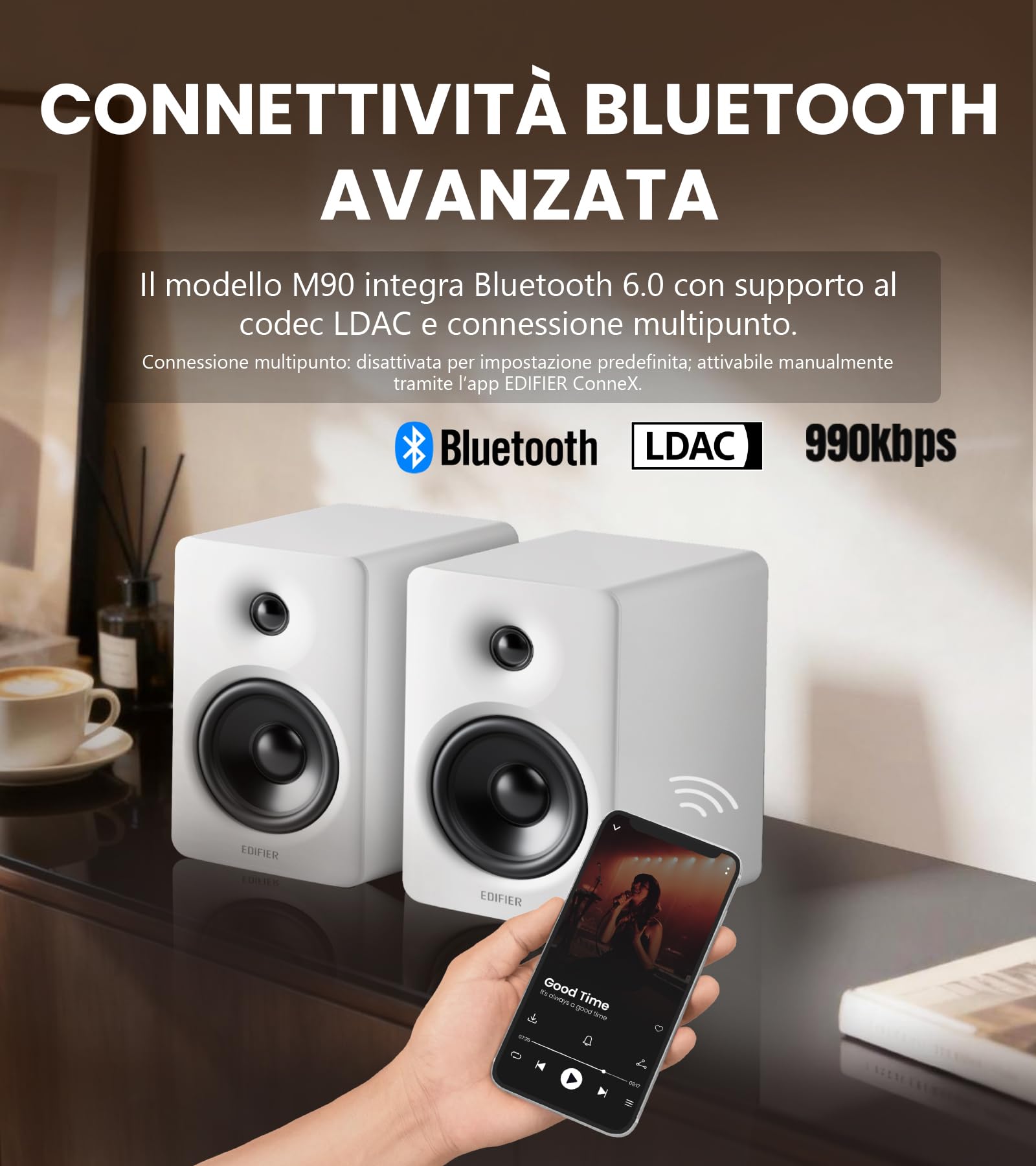 Edifier M90 Diffusori da Scaffale, Scrivania 100 W RMS, Audio Alta Risoluzione, LDAC, Bluetooth 6.0, Ingressi HDMI eARC/ottico/USB-C/AUX con Uscita SUB OUT, Telecomando per TV/PC, Bianco