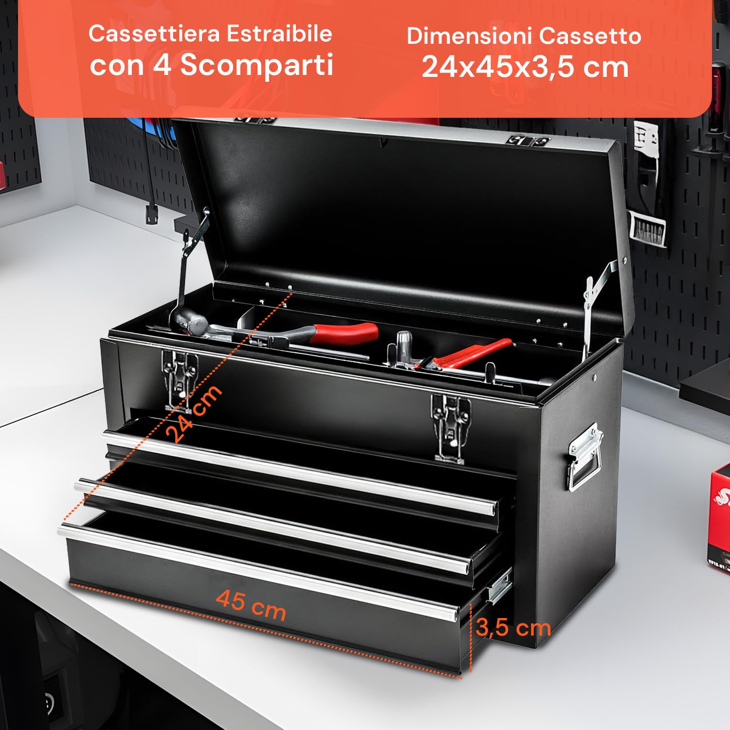 CT01 Carrello Portautensili da Officina con Serratura - 3 Cassetti e 3 Vani, Capacità 150 kg,Ideale per Meccanica e Professionisti - Carrello Porta Attrezzi Vuoto, Nero