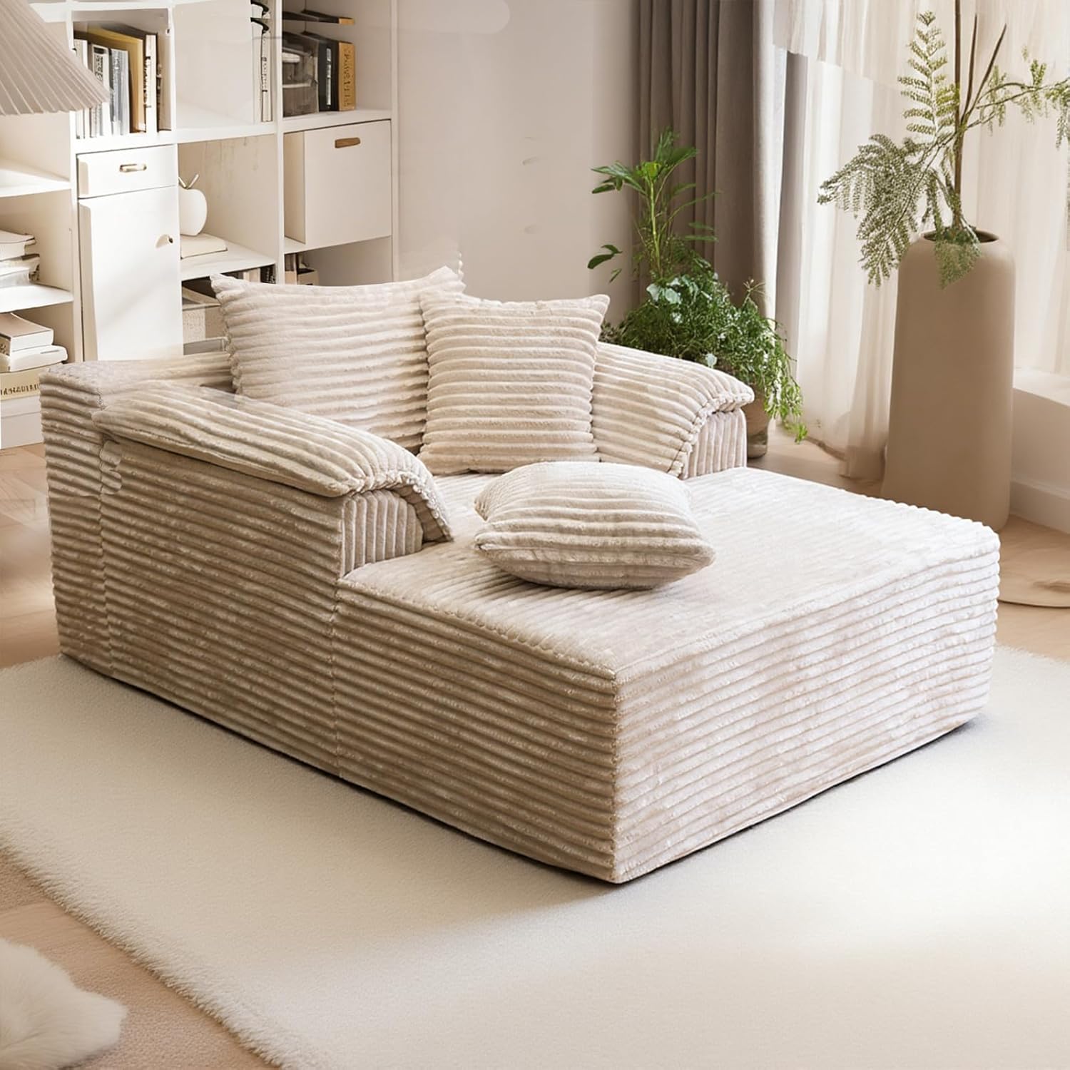 Oversized Chaise Lounge Chair Indoor, Upholstered Single 61'' Rolled Arm Boneless Cloud Sofa Bed Sleeper Couch, No Assembly Faux Rabbit Fur Memory Foam Reading Chair for Living Room Bedroom Beige