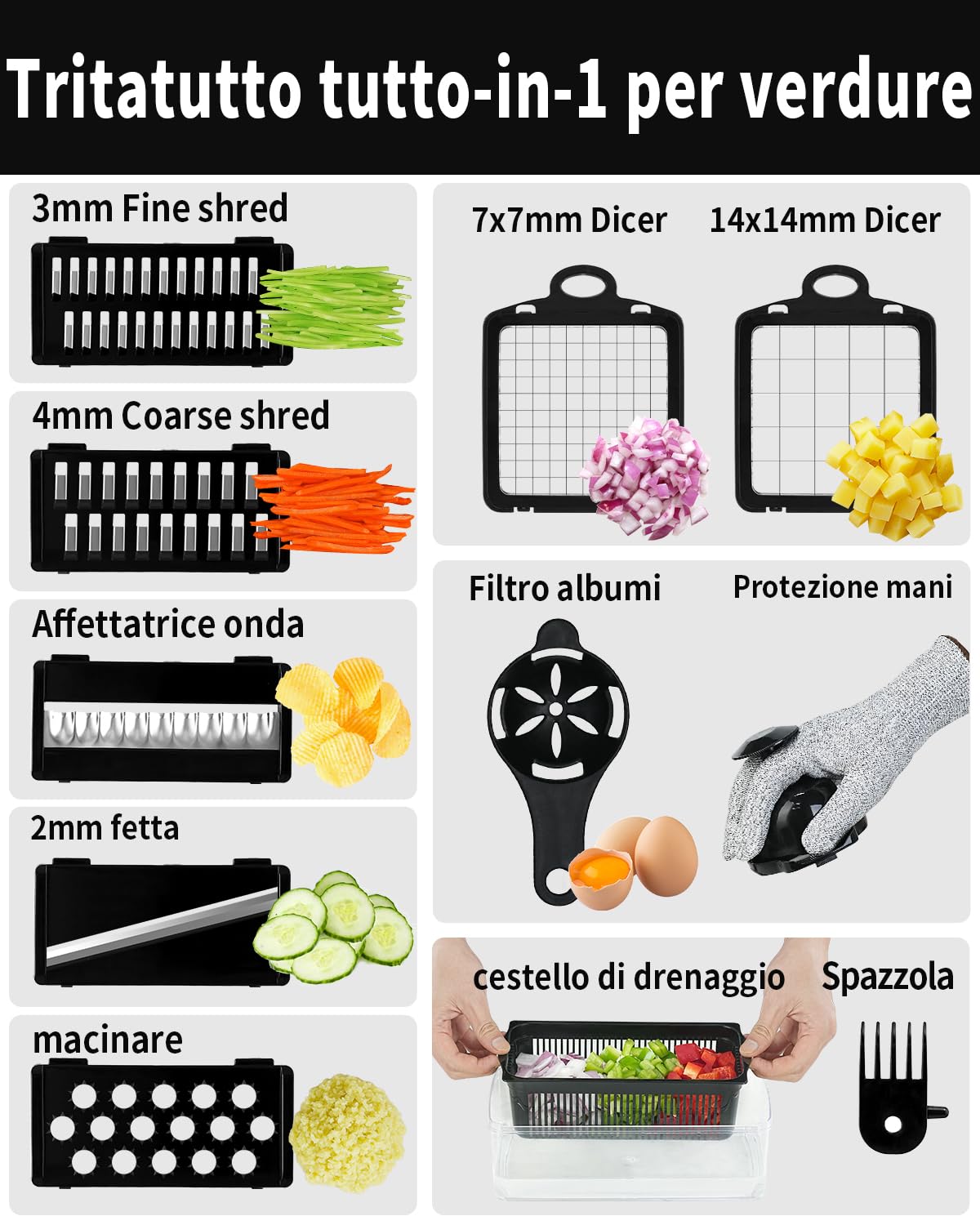 Mandolina per Verdure Professionale,Affettaverdure e Mandolini da Cucina Manuale Multifunzione,Lame Affilate Intercambiabili in Acciaio inox,Tagliare Verdure e grattugiare,nero.