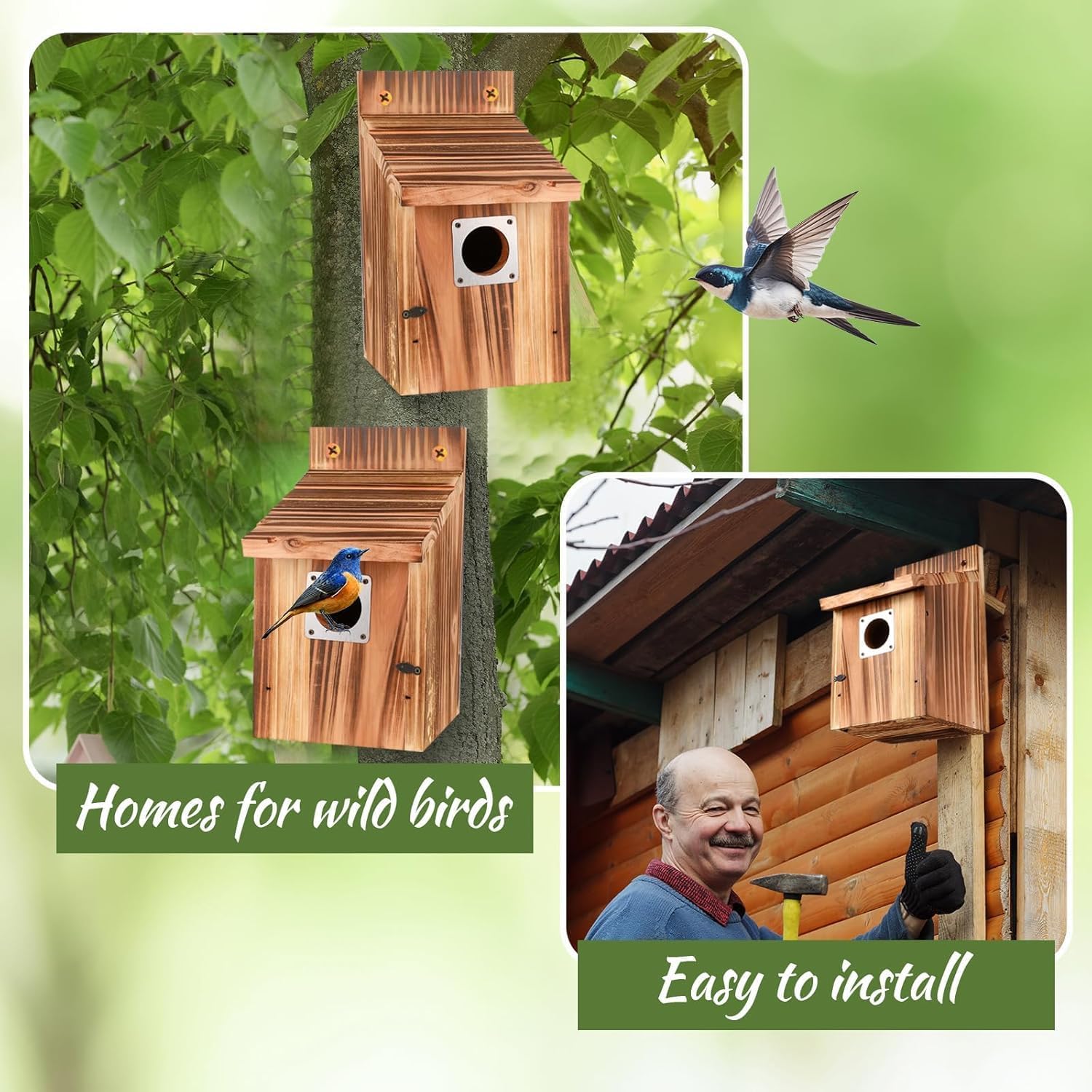 4 pièces Nichoir Oiseaux Exterieur, Maisons d'oiseaux avec protège-métalliques, serrures de sécurité, Fentes de vol & Ventilation, entrée de 3,8 cm