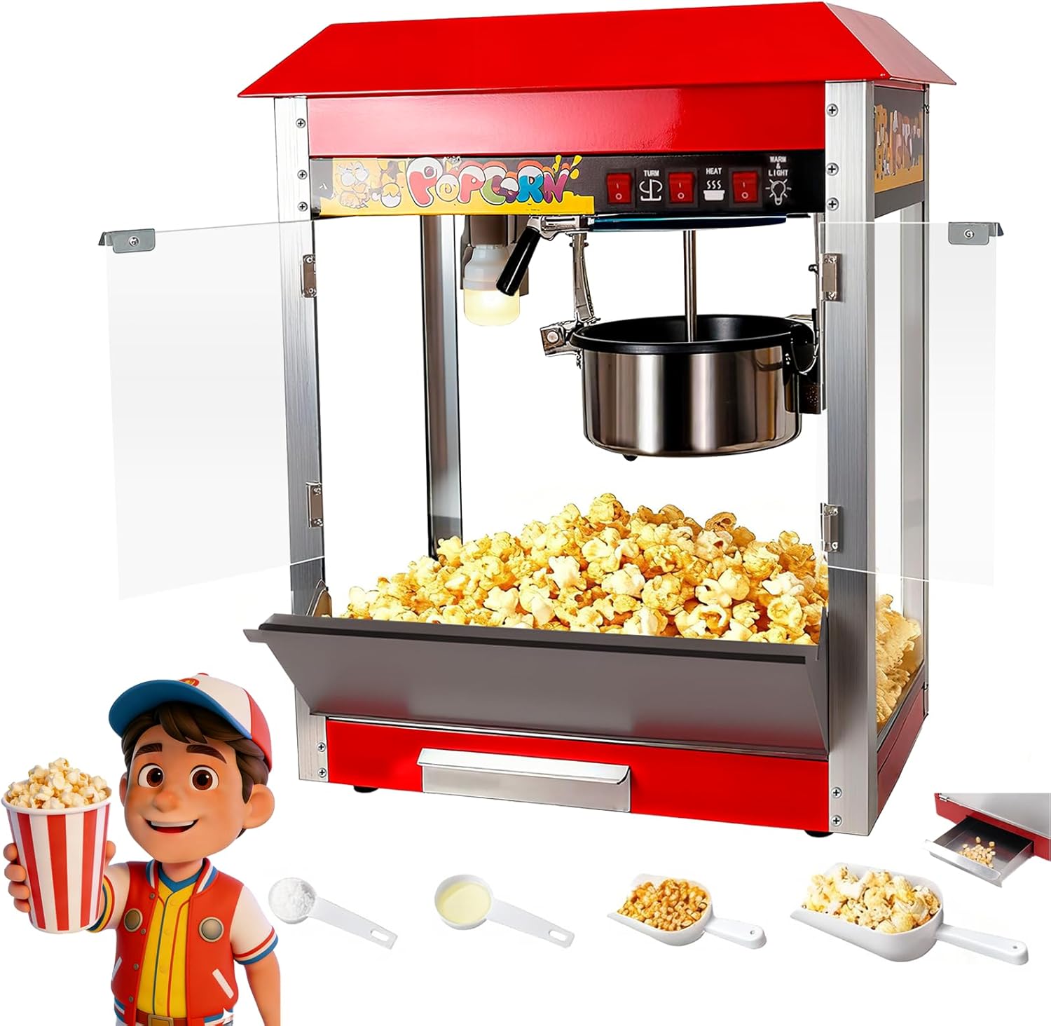 RQR 10 Oz Popcorn Machine, 1300W Countertop Popcorn Maker with Detachable 3-Layer Non-Stick Kettle, Aluminum Panel, Tempered Glass & Dual Warm System, Makes 60 Cups, Red Silver