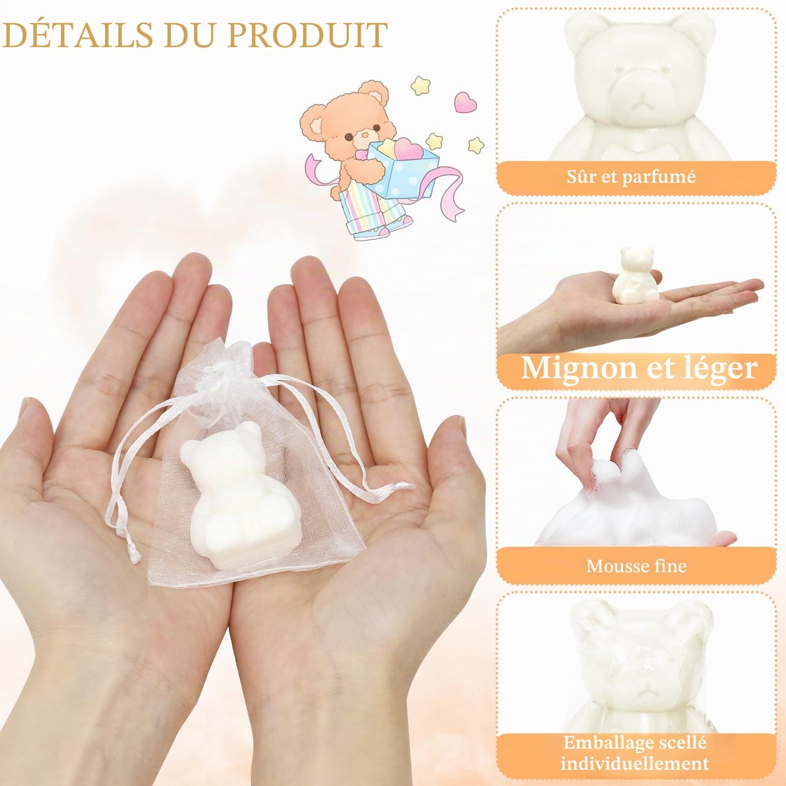 Lot de 36 mini savons en forme d'ours, pour fête prénatale, doux et parfumé, blanc, avec boîte cadeau, cartes de remerciement, petit savon fait à la main pour garçons et filles
