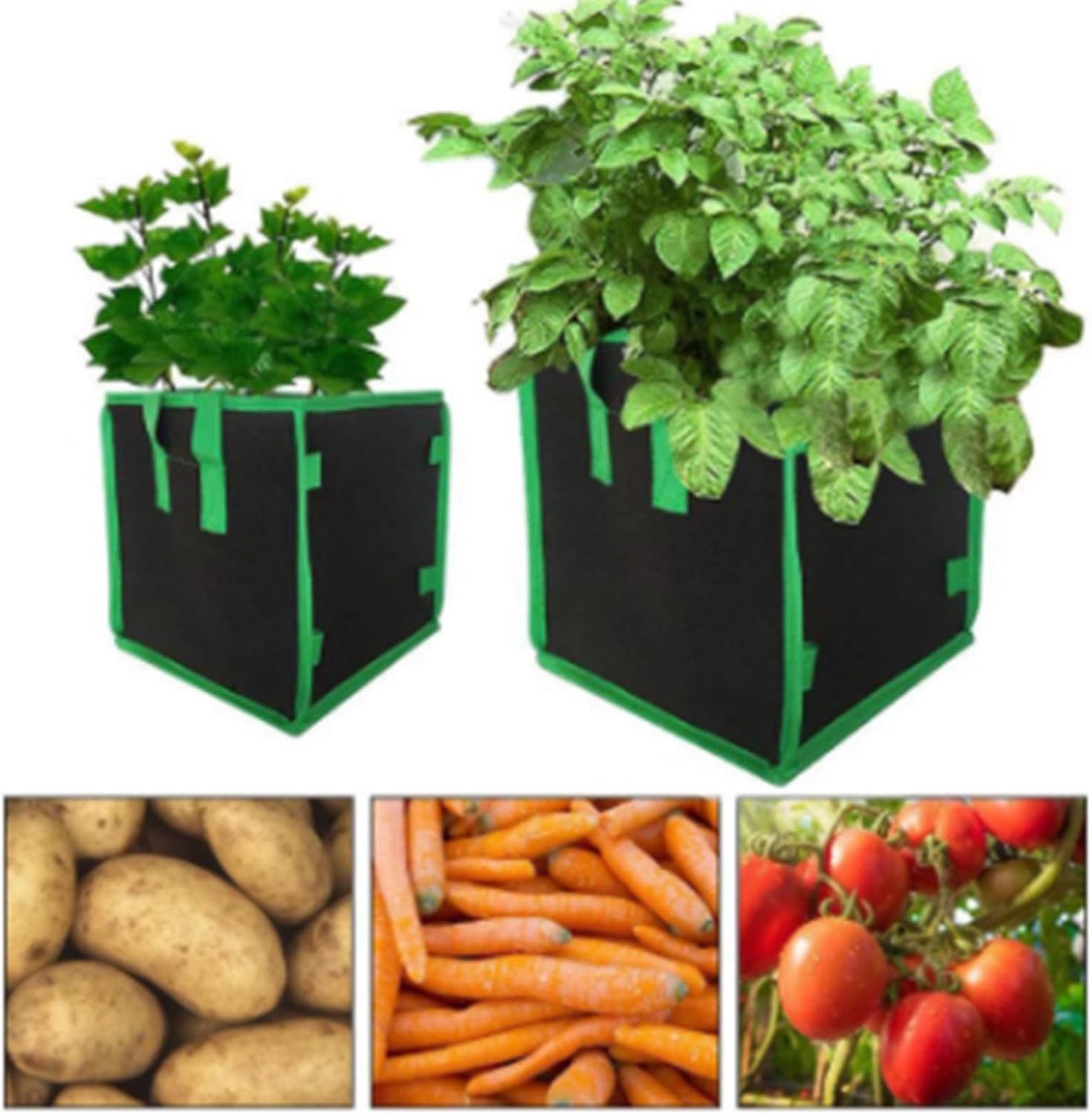 Grow Bags Fabric Plant Pots 7 Square Planting Bags with Heavy Duty Handle Planting Buckets for Transplanting Gardening Supplies,Black and Green