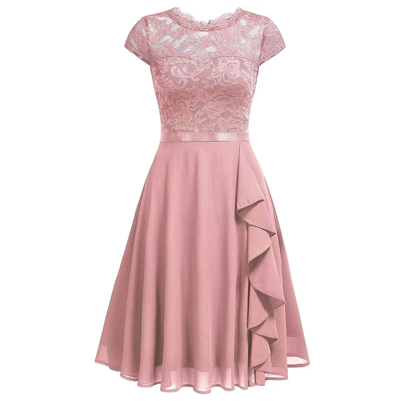 Kleid Hochzeitsgast Damen Festliche Damen Elegant Kurzarm Abendkleider Elegant mit Rundhals Chiffon Abendkleid Spitze Rüschen Cocktailkleid Für Hochzeit Abschlusskleid A-Linien-Abendkleid