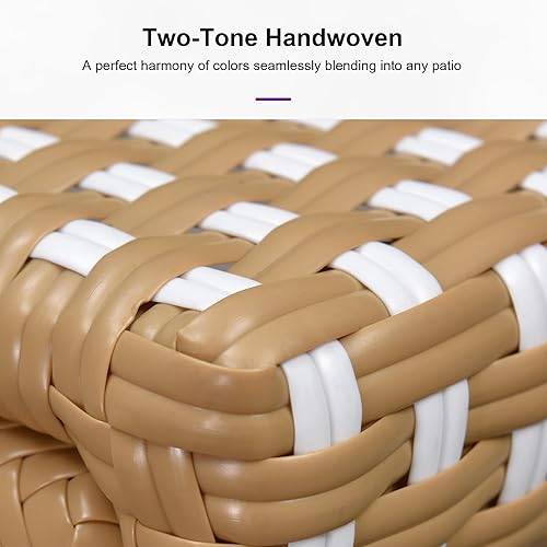 Miniatura 4 de PURPLE LEAF Juego de 2 sillas de comedor para patio, marco de aluminio francés para exteriores, acabado de bambú, ratán tejido ámbar y blanco, para