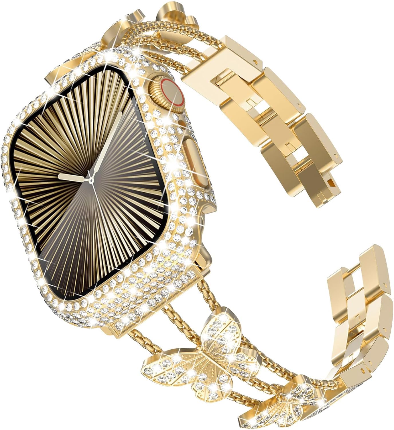 WINGLE for Gold Apple Watch Band and Case Women Series 11 10 46mm, Butterfly Sparkle Diamond Metal Bands Rhinestone Crystal Bracelet iWatch Jewelry Fancy Chain with Bling Screen Protector Case, 46 mm