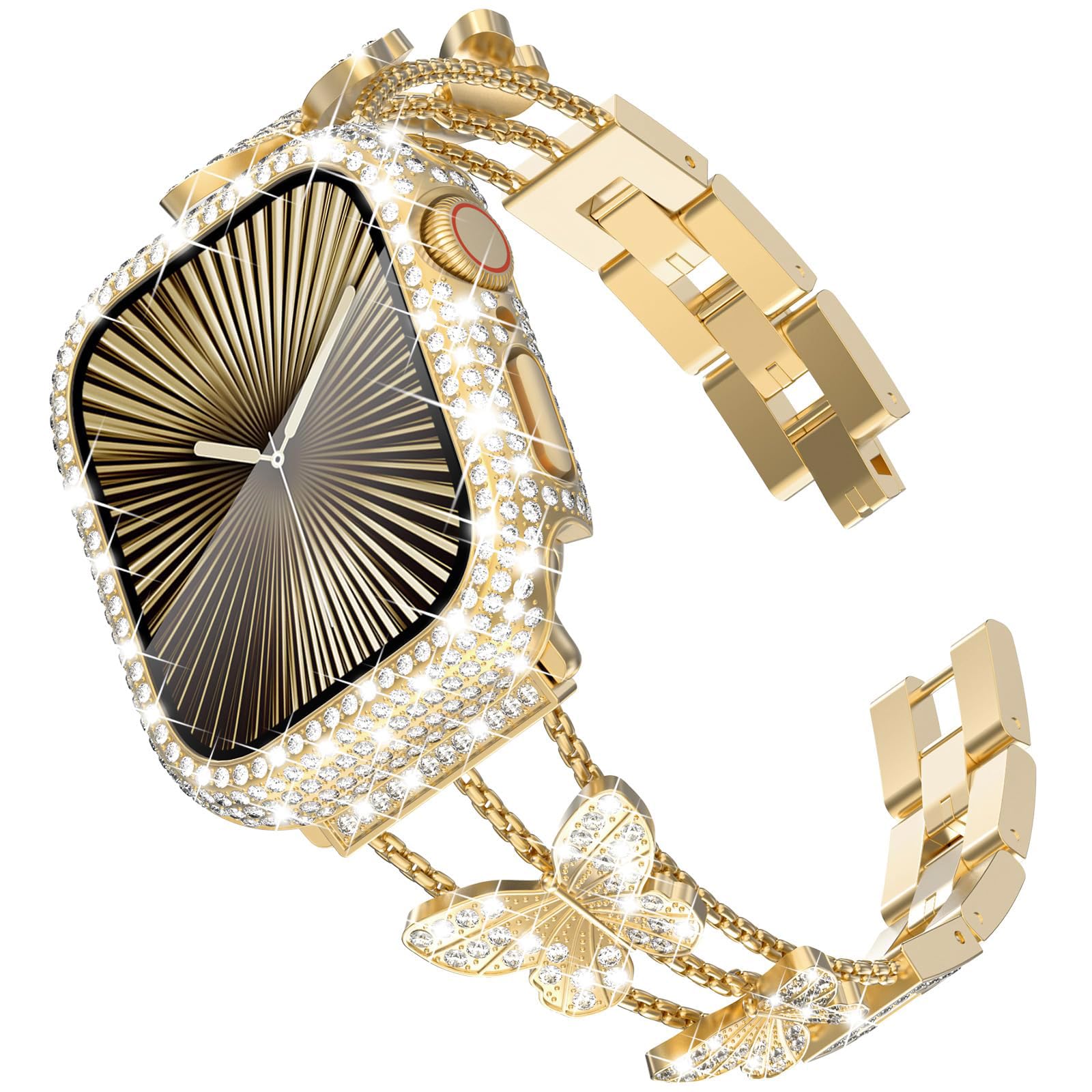 WINGLE for Gold Apple Watch Band and Case Women Series 11 10 46mm, Butterfly Sparkle Diamond Metal Bands Rhinestone Crystal Bracelet iWatch Jewelry