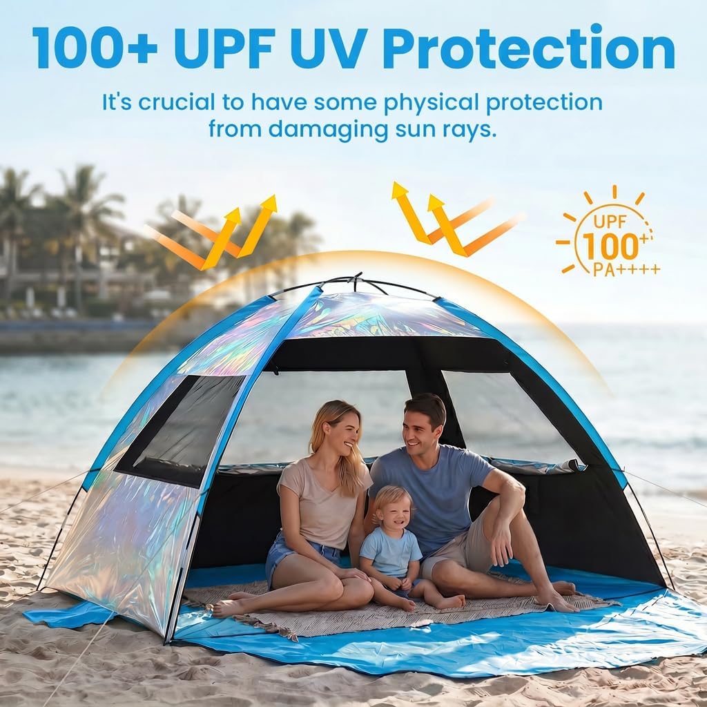 Rainbow Nest Tent Sun Shelter for 3-4 Person with UPF 100＋ UV Protection, Lightweight & Easy Setup Beach Shade Canopy, Portable Beach Shade Tent Beach Cabana