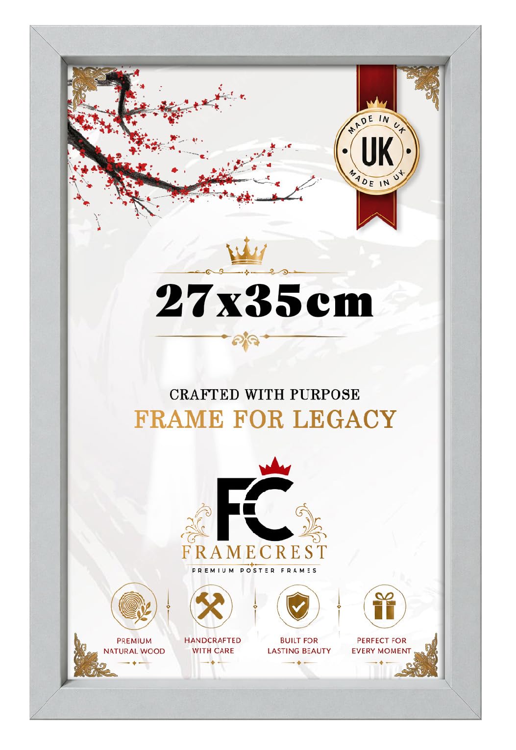 FRAMECREST Classic & Durable 27x35cm Poster Frame | Handcrafted for Gallery Family Photo Portrait and Landscape Display Anniversary/Birthday/Wedding/Gifting-[Light Grey]