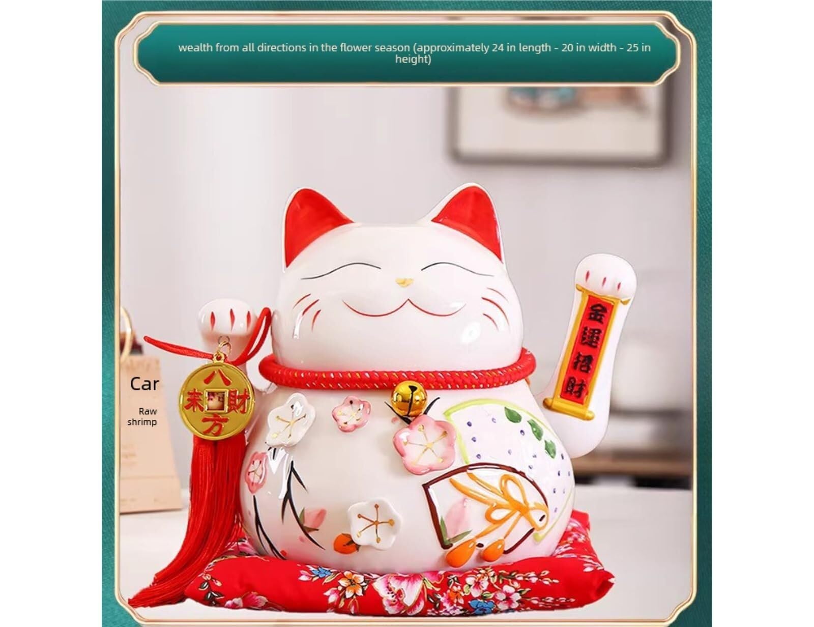 Flor de durazno de cerámica, pequeño gato blanco que agita a mano y Maneki Neko