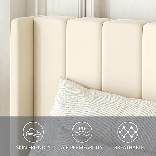 Miniatura 4 de Base de cama tamaño Queen con cabecera de cama tapizada con respaldo geométrico, cama de plataforma de fácil montaje, soporte de listones de madera,