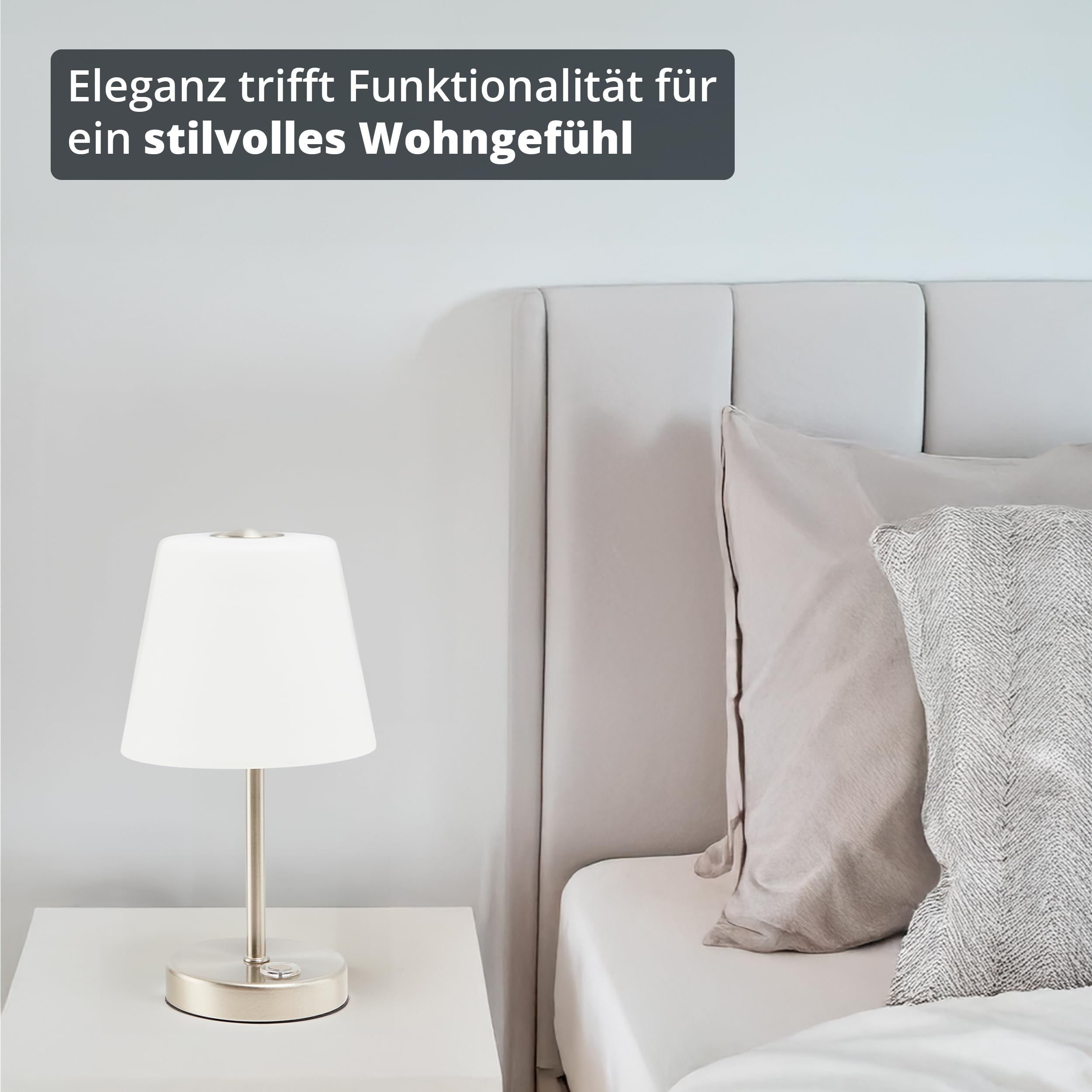 KHG LED-Tischleuchte in Nickel-Matt mit Alabasterglas-Schirm - 3-Stufen-Touchdimmer für individuelle Helligkeit - Energieeffizient & langlebig - 25,5 cm Höhe - Ideal für Nachttisch & Schreibtisch