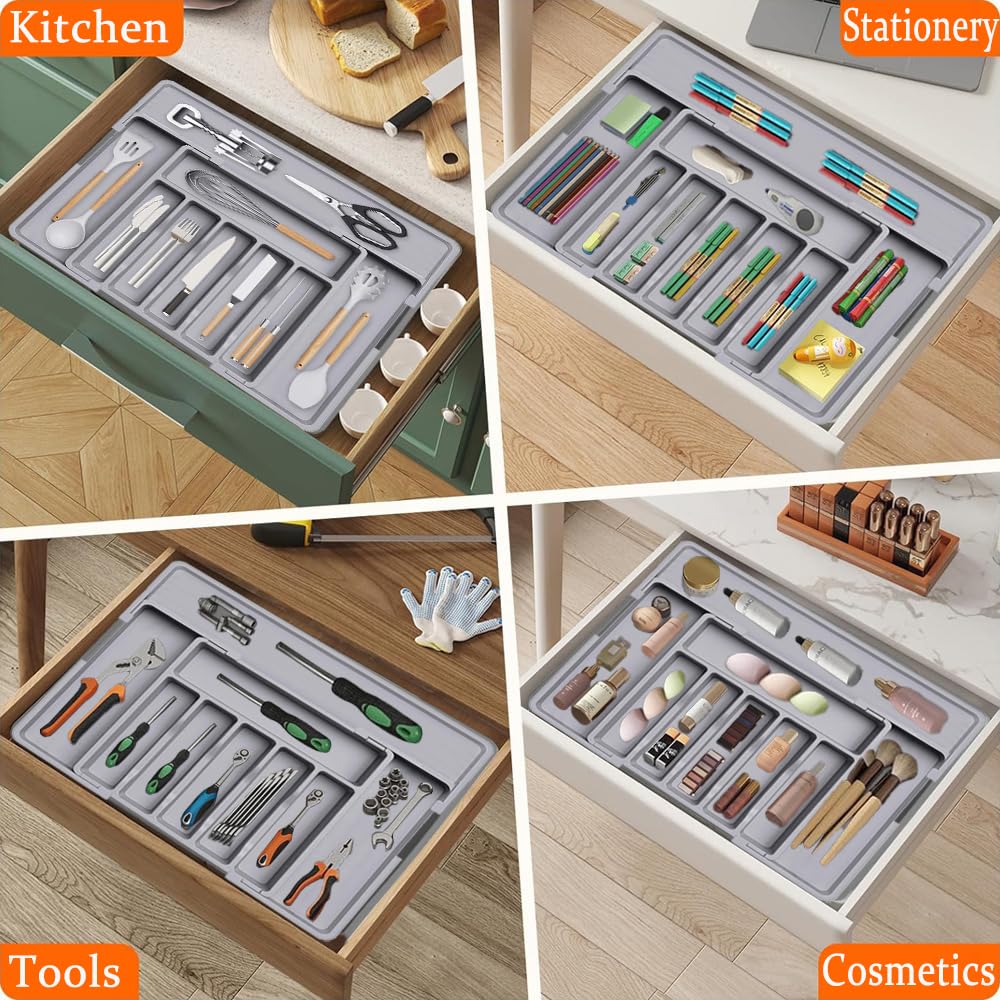 Erweiterbarer Besteckkasten für Schubladen, Schubladen Organizer, Besteckkasten für Schubladen, Verstellbarer Schubladeneinsatz Besteckeinsatz, Küchen Organizer, für Löffel/Gabeln (Grau)