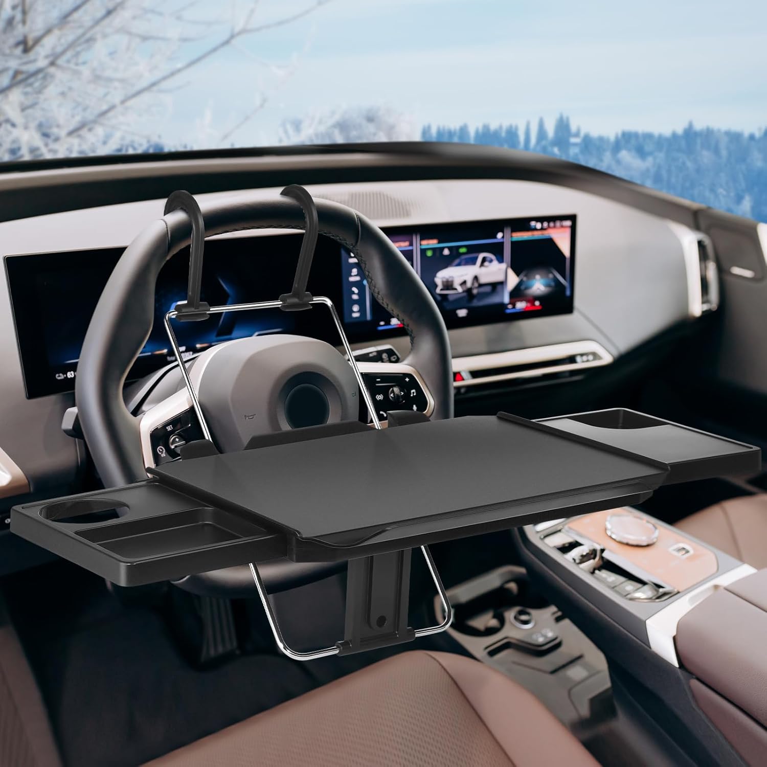 Large Car Steering Wheel Tray Back Seat Headrest Steering Wheel with Phone Holder Desk Food Table for Eating Food Drink and Writing Work, Car Desk Laptop Mount Gifts for Truck Driver(3 in 1)