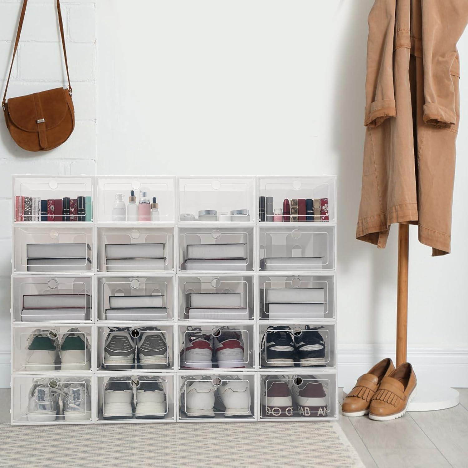 DYRABREST 20 Pack Clear Shoe Storage Boxes, Stackable & Foldable Plastic Shoe Organizer with Lid, Space-Saving Container for Flats, Sandals, Closet
