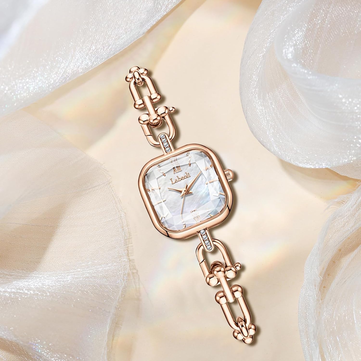 Gosasa Dainty Women’s Square Quartz Watch with Stainless Steel Chain-Link Bracelet Elegant Dress Bangle Wristwatch Gift for Mom Wife