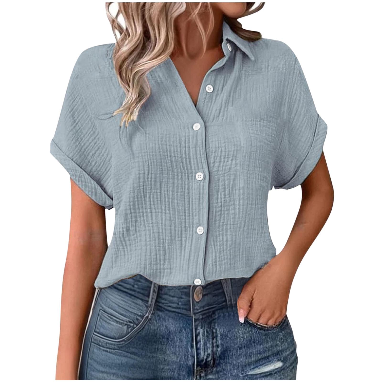 AEGJEGVD Musselin Damen Blusen Elegant Shirt Kurze Ärmel Bluse Mit Kragen Knopfleiste Formelle Arbeitskleidung Lässige Hemden Leinenbluse Flowy Locker Blusen Atmungsaktive Sonnenschutz Oberteil
