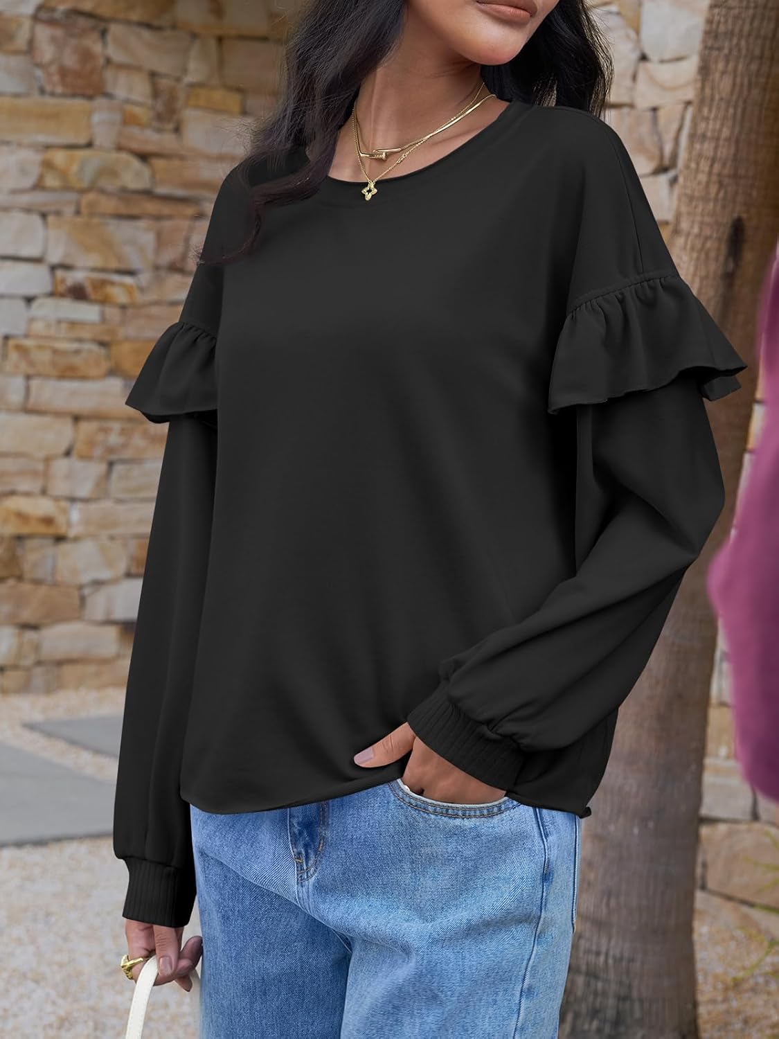 Fisoew Womens Crewneck Sweatshirts Fall Casual Ruffle Long Sleeve Roll Hem Loose Cropped Pullover Tops - Image 4